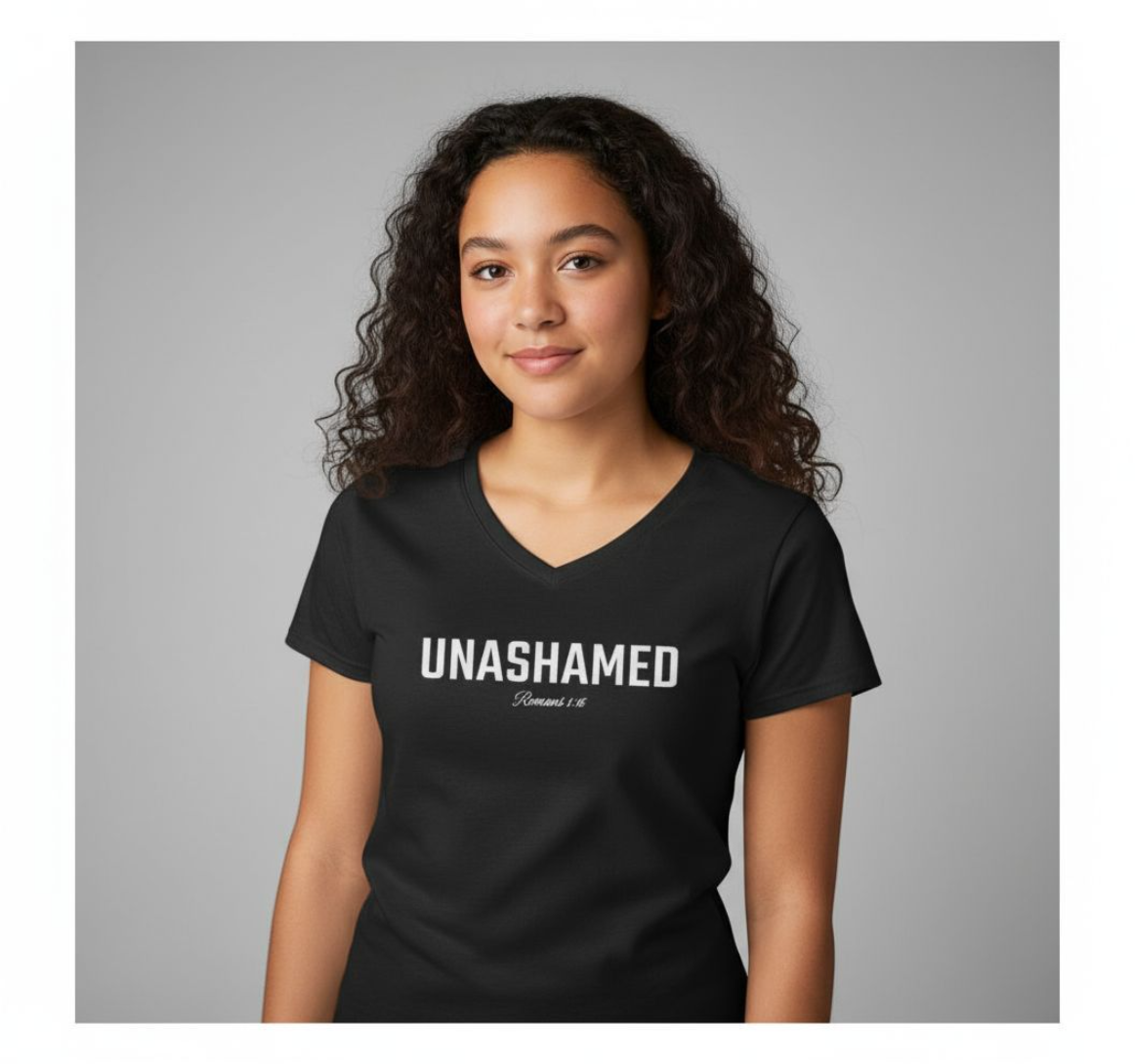 Unashamed Ladies' V-Neck T-Shirt-Romans 1:16