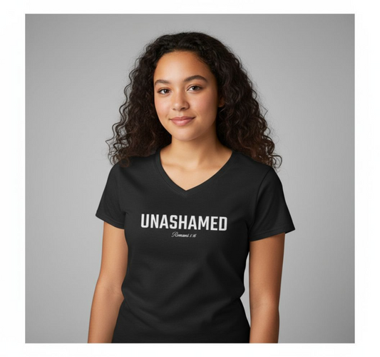 Unashamed Ladies' V-Neck T-Shirt-Romans 1:16